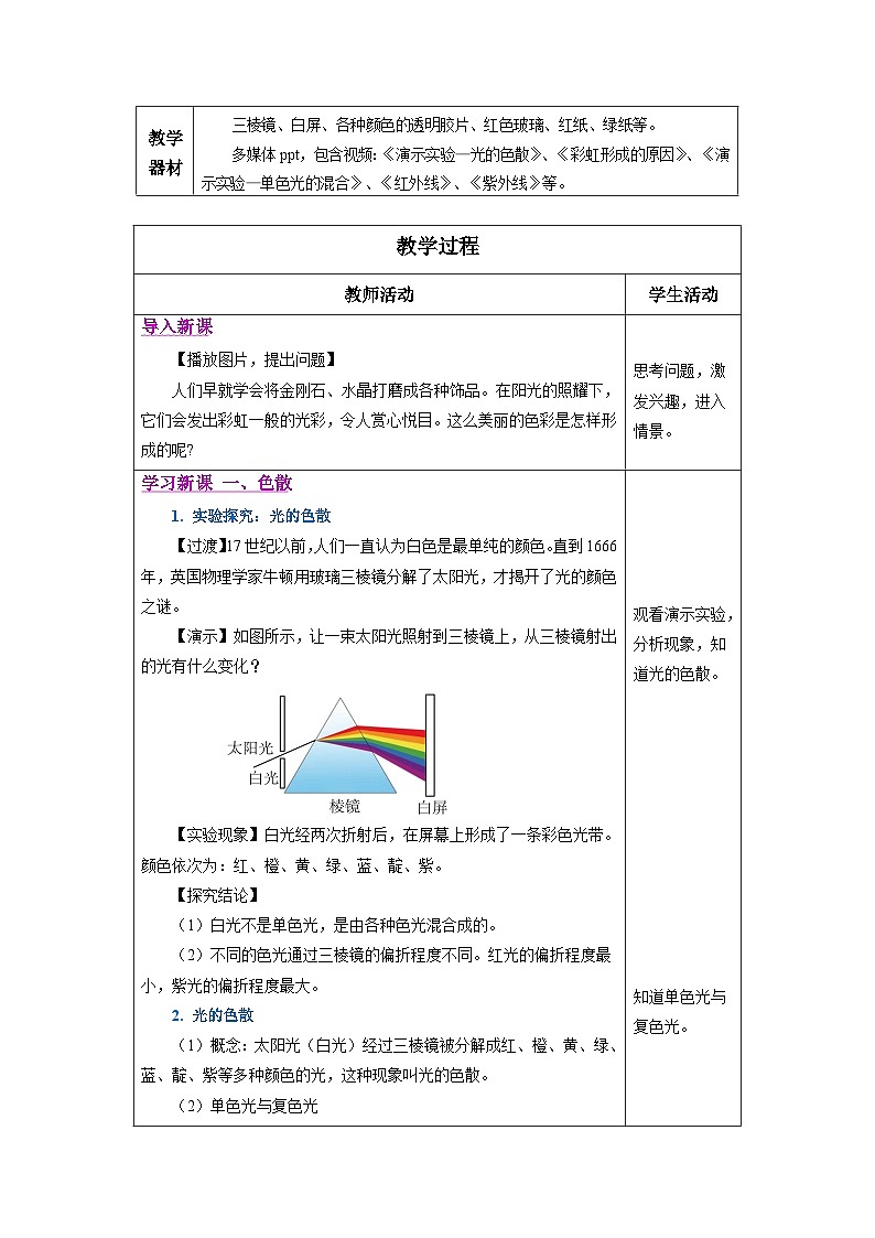 新人教版物理 八上教学设计:4-5 光的色散第2页