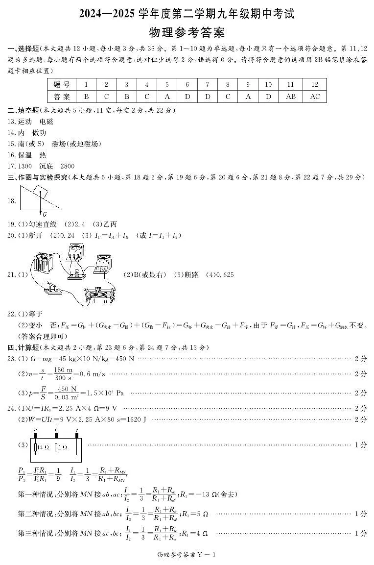 物理:2024-2025学年长沙市一中集团九年级下学期期中考试物理答案(25上九年级期中Y)第1页