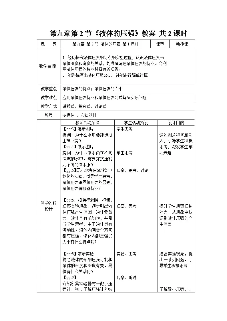 9.2《液体的压强》教案 物理人教版(2024)八年级下册第九章第1页