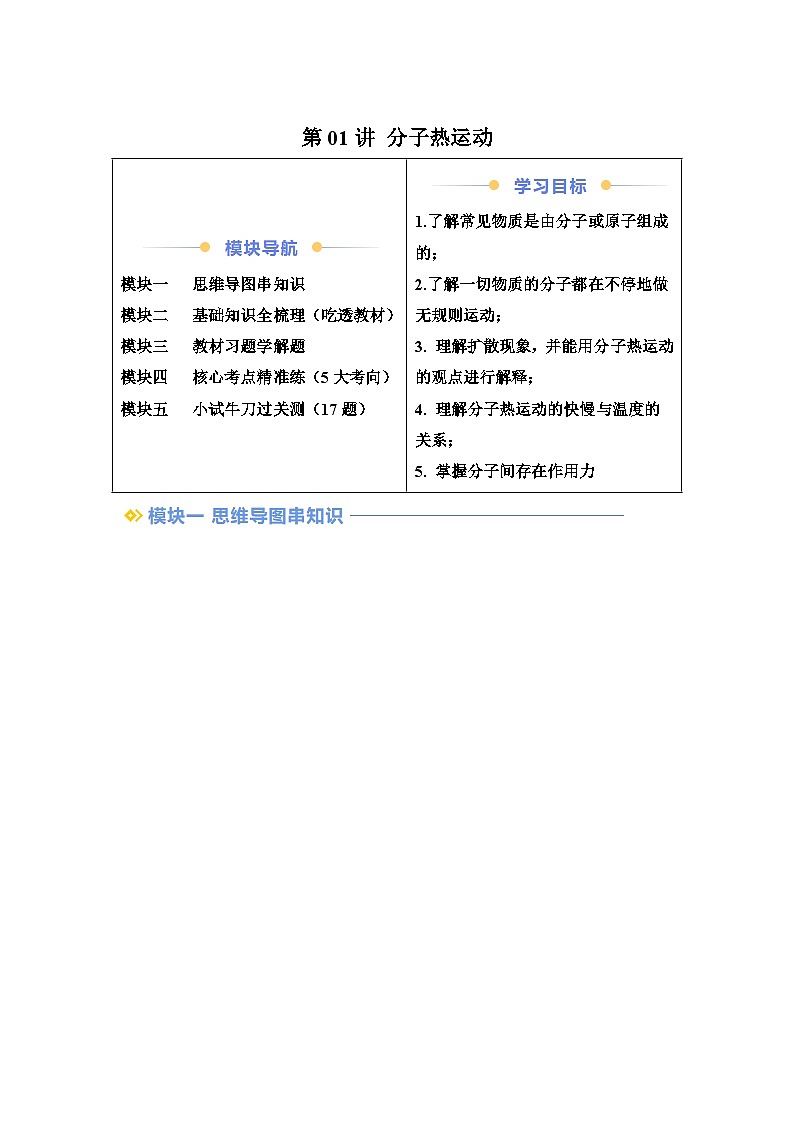 【暑假讲义】第01讲分子热运动-2025版新九年级物理暑假提升精品讲义(含答案)第1页