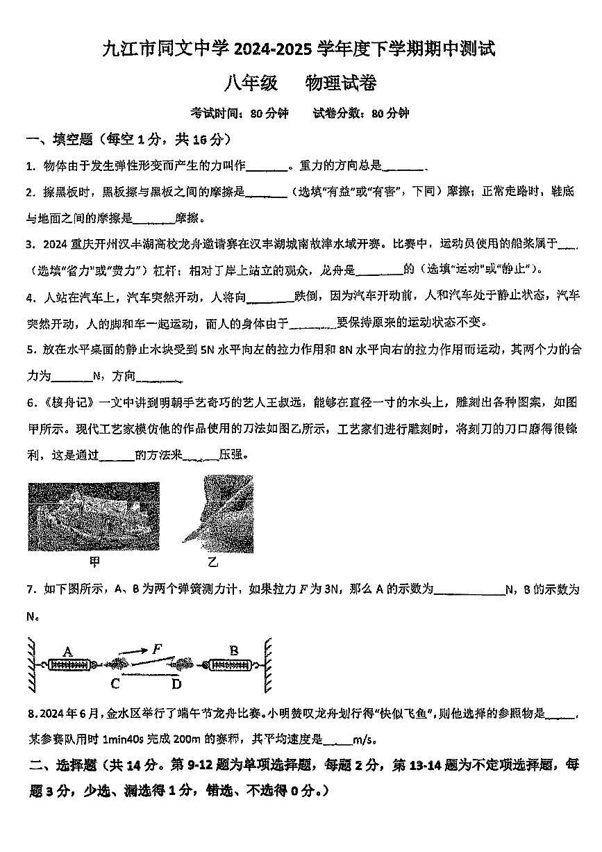 江西省九江市同文中學(xué)2024-2025學(xué)年八年級下物理期中試卷第1頁
