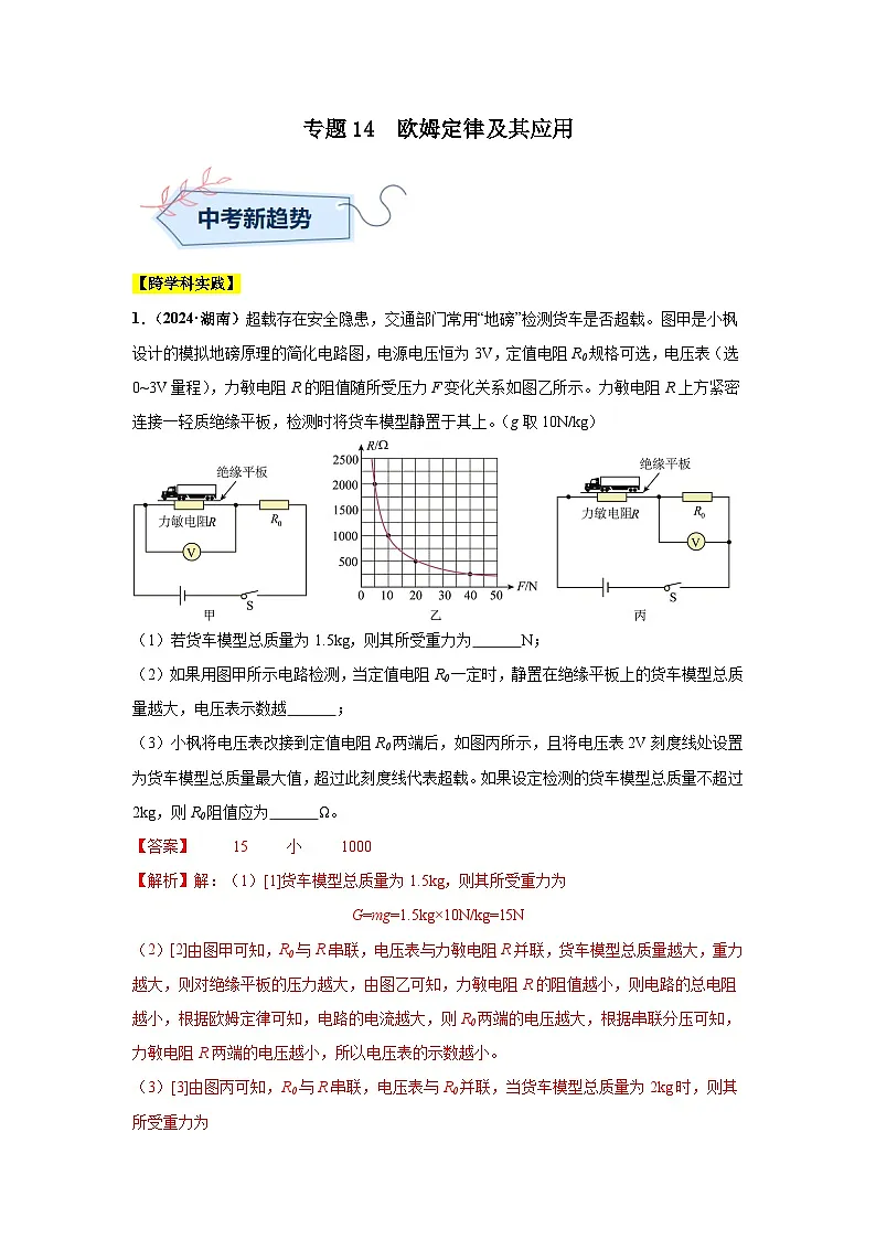 备战2025年中考物理真题分类汇编(全国通用)专题14欧姆定律及其应用(第01期)(教师版)第1页