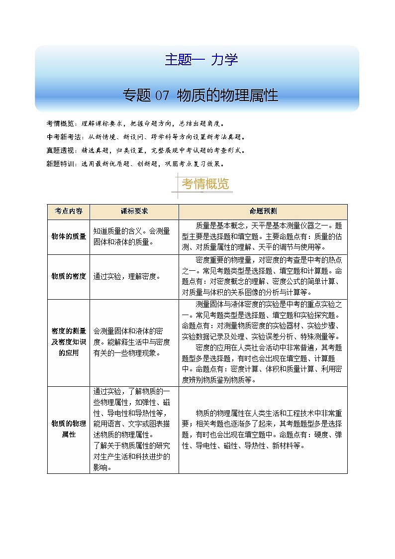 備戰(zhàn)2025年中考物理真題分類(lèi)（江蘇專(zhuān)用）專(zhuān)題07物質(zhì)的物理屬性（原卷版）第1頁(yè)