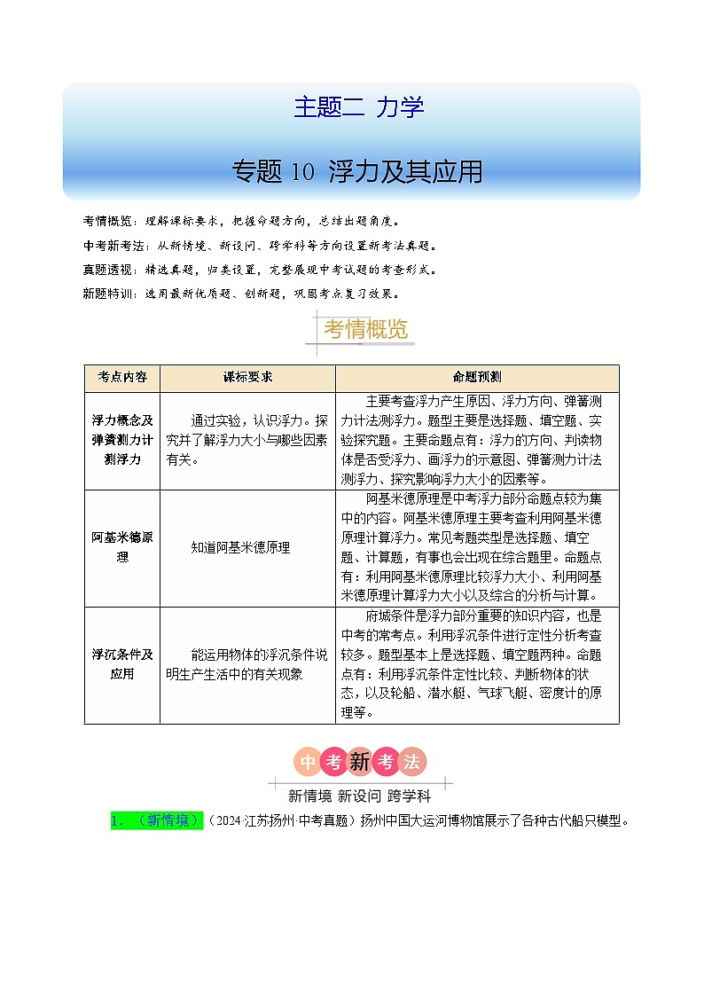 備戰(zhàn)2025年中考物理真題分類（江蘇專用）專題10浮力及其應(yīng)用（原卷版）第1頁(yè)