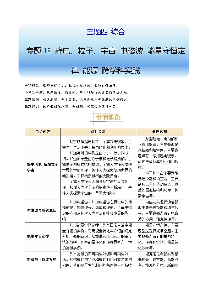 備戰(zhàn)2025年中考物理真題分類（江蘇專用）專題18靜電、粒子、宇宙電磁波能量守恒定律能源跨學科實踐（解析版）第1頁