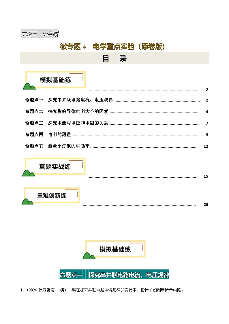 电学微专题4 电学重点实验(练习)(原卷版)-2025年中考物理一轮复习试题(全国通用)第1页