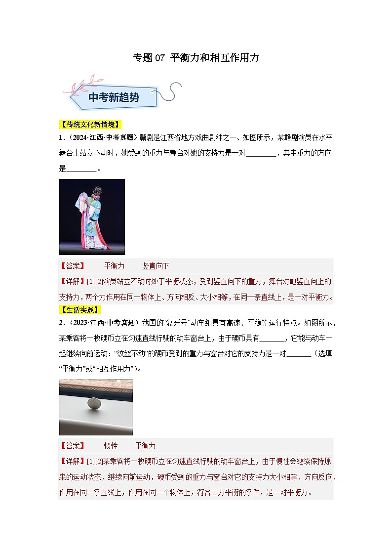 專題07 平衡力和相互作用力（解析版）第1頁(yè)
