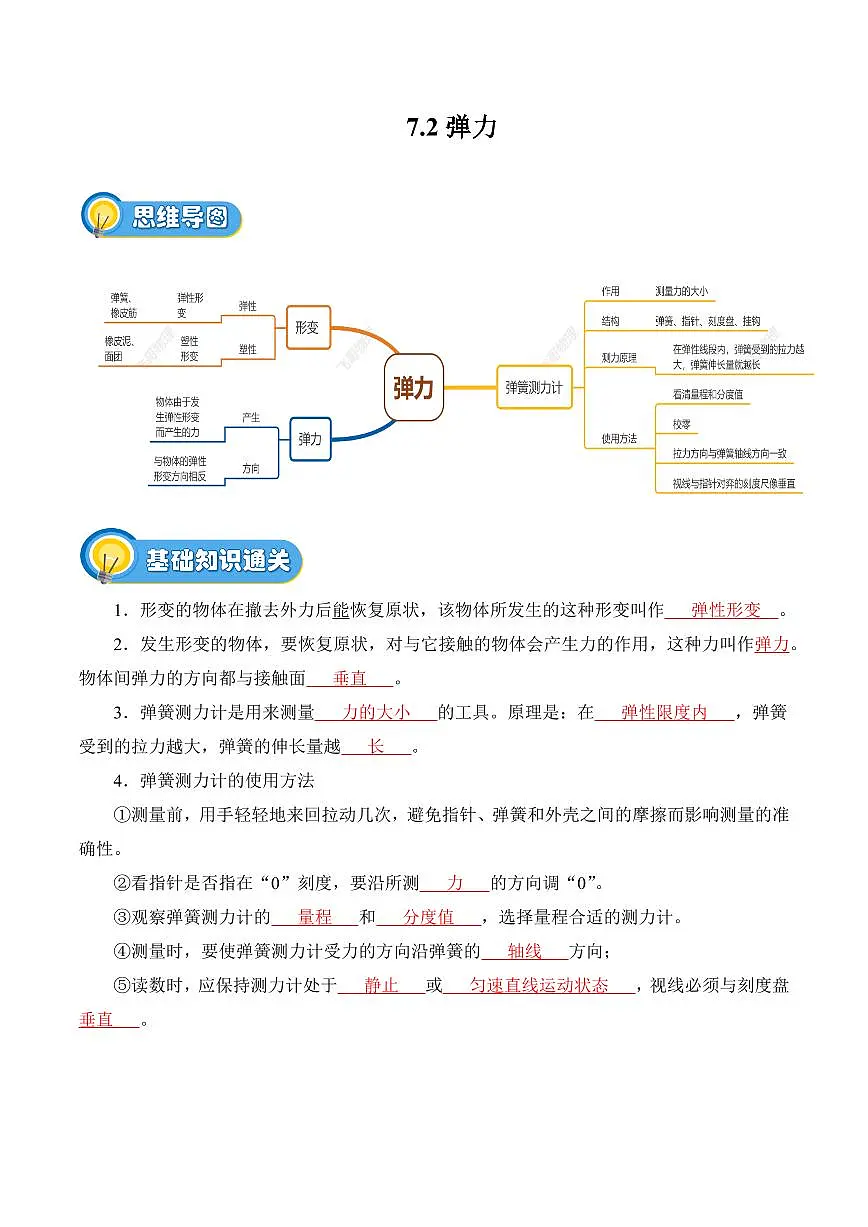 7.2 弹力(专项训练)(解析版)2024-2025学年八年级下学期物理同步题型分组专项训练(人教版2024)第1页
