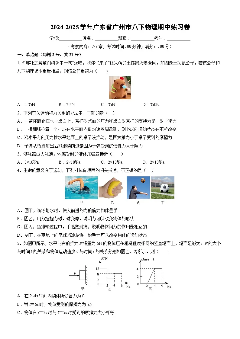 广东省广州市2024-2025学年八年级下学期期中练习卷物理(解析版)第1页