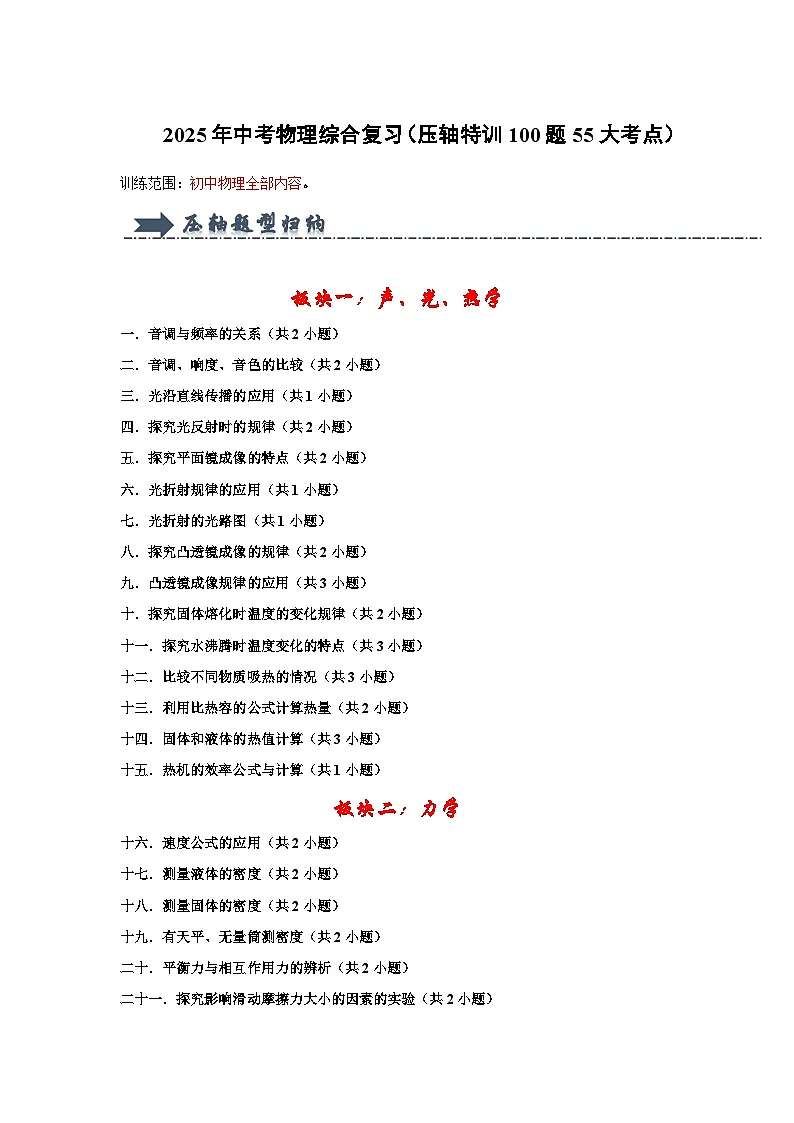 2025年年中考物理综合复习(压轴特训100题55大考点)(解析版)第1页