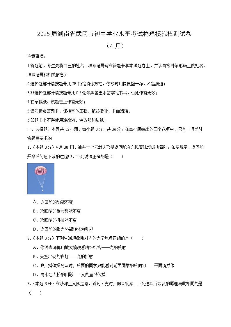 2025届湖南省武冈市初中学业水平考试物理模拟检测试卷(4月)含答案第1页
