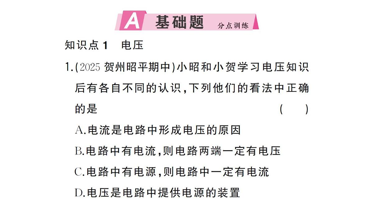 初中物理新人教版九年级全册第十六章第一节 电压作业课件2025秋第2页