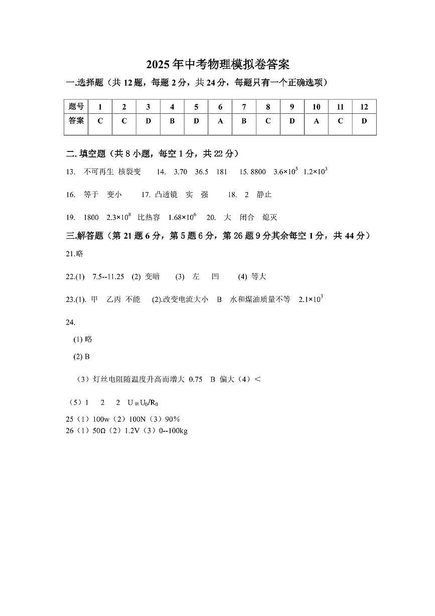 2025年中考物理模拟卷答案第1页