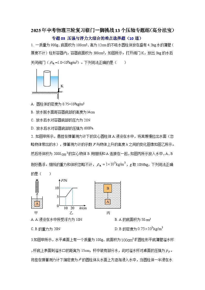 专题03 压强与浮力大综合的难点选择题(10道)(原卷版)2025年中考物理三轮复习临门一脚挑战13个压轴专题练第1页