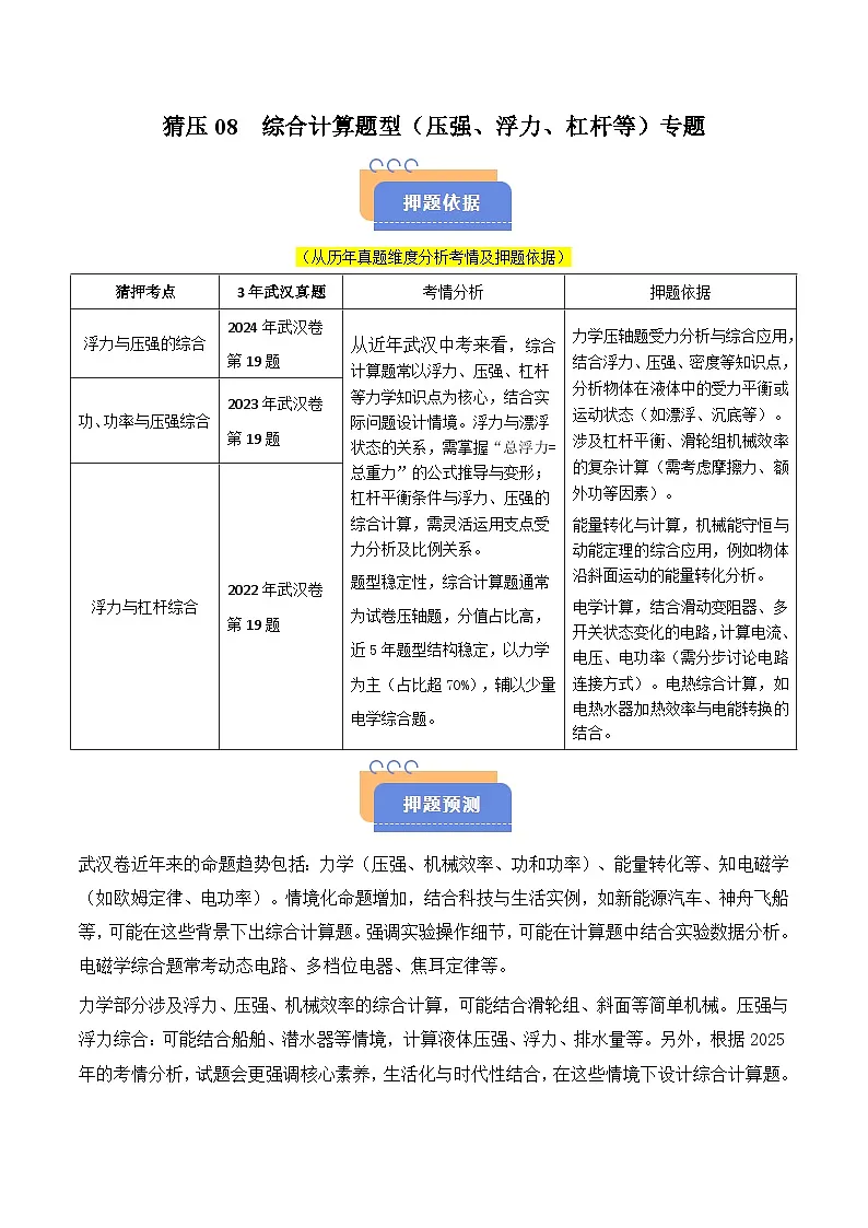 猜压08 综合计算题型(压强、浮力、杠杆等)(武汉专用)(解析版)第1页