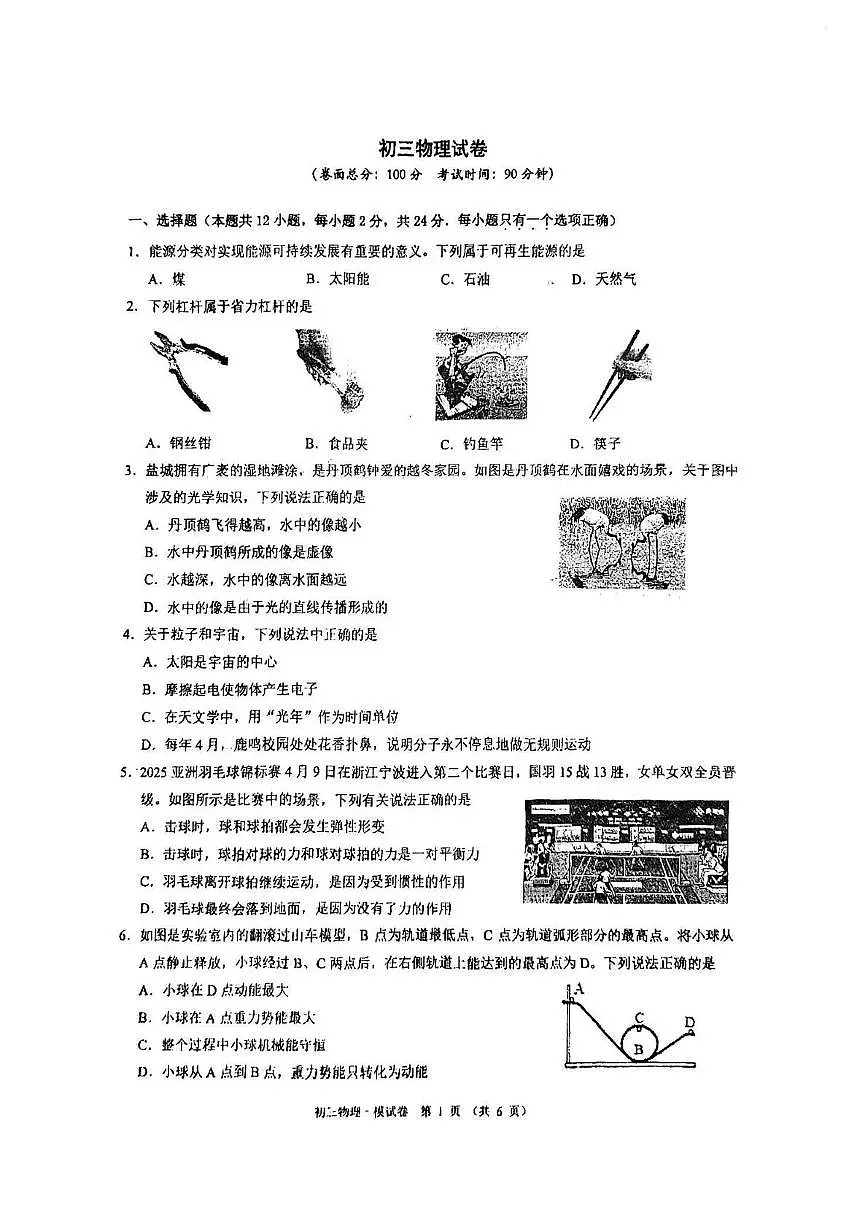 2025年江苏省盐城市两地联考中考一模物理试题(中考模拟)第1页