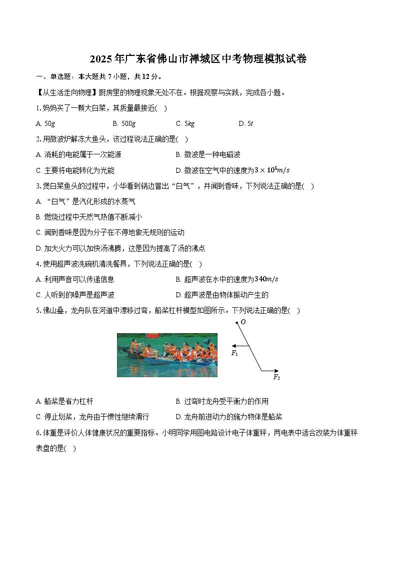 2025年广东省佛山市禅城区初中学业水平模拟测试物理试卷(中考模拟)第1页