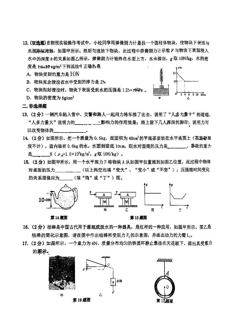 2025年哈尔滨市松雷中学八年级下学期物理期中试题及答案第3页