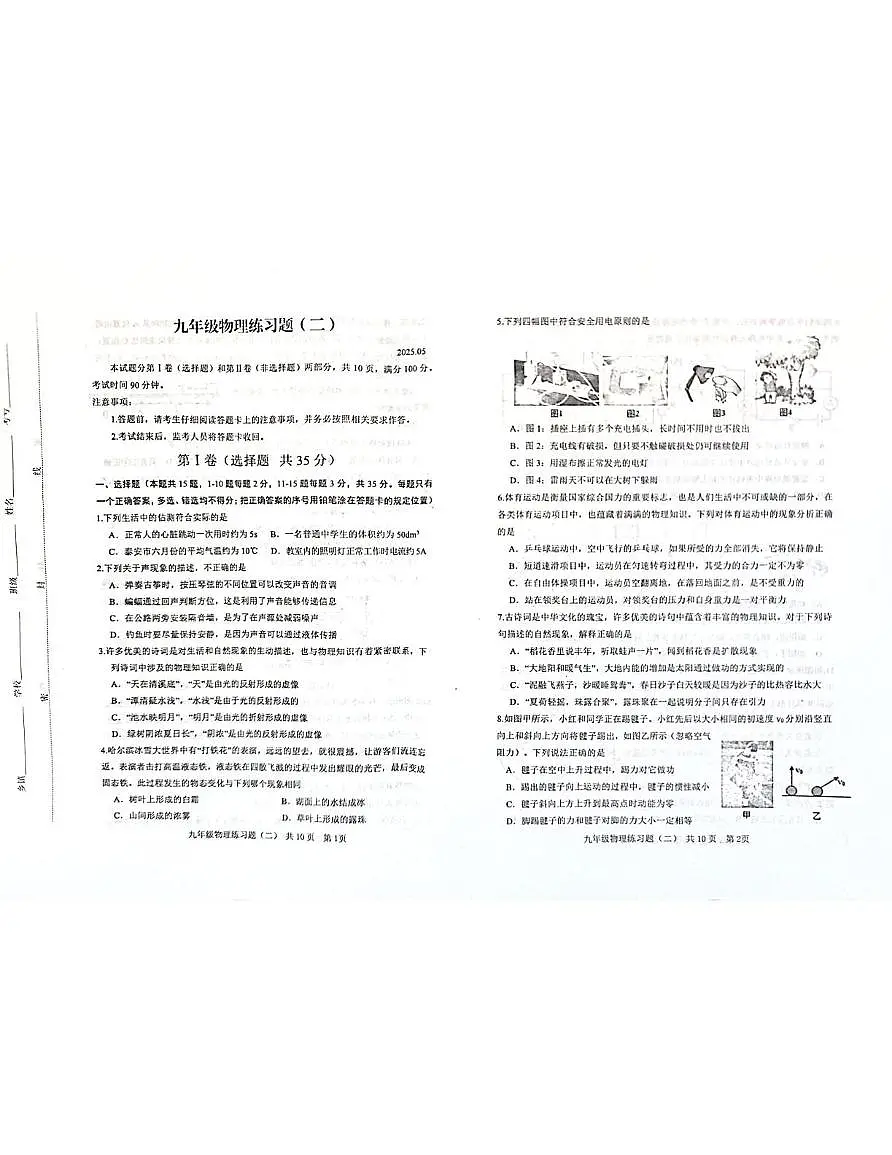 2025年山东省泰安市岱岳区中考二模物理试题(中考模拟)第1页