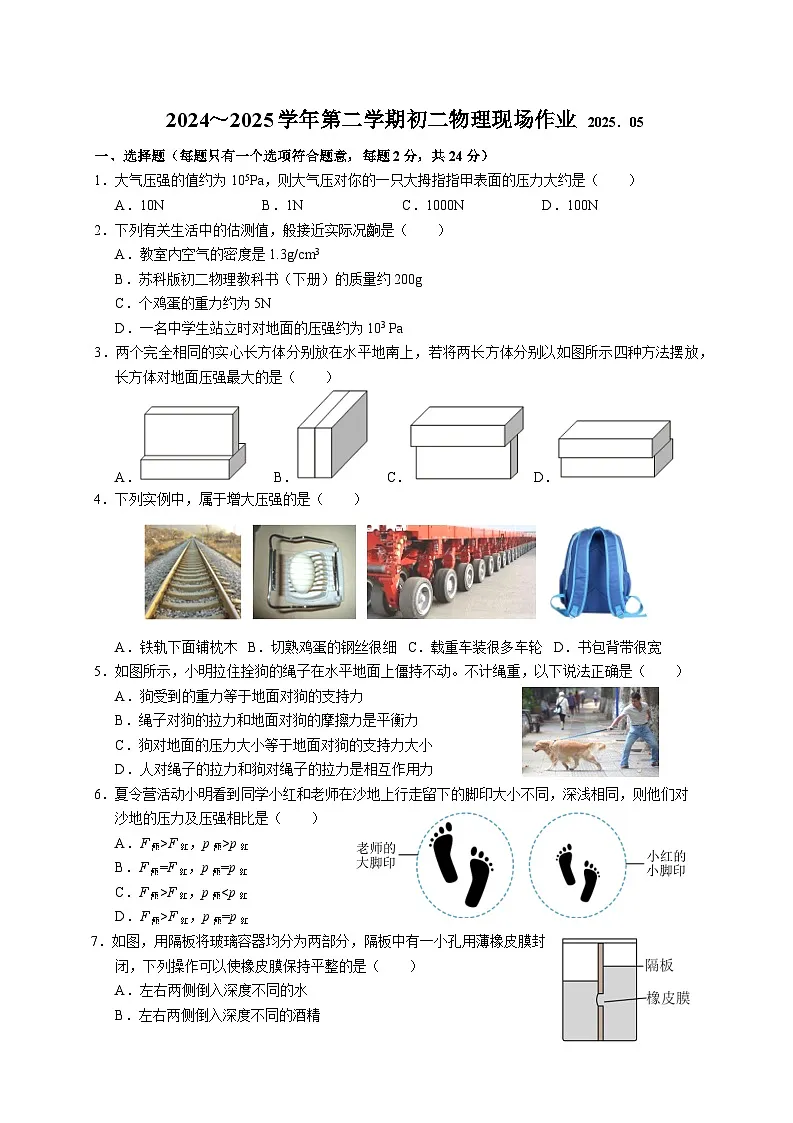 江苏省苏州市高新区实验初级中学2024-2025学年八年级下学期5月月考物理试卷(含答案)第1页