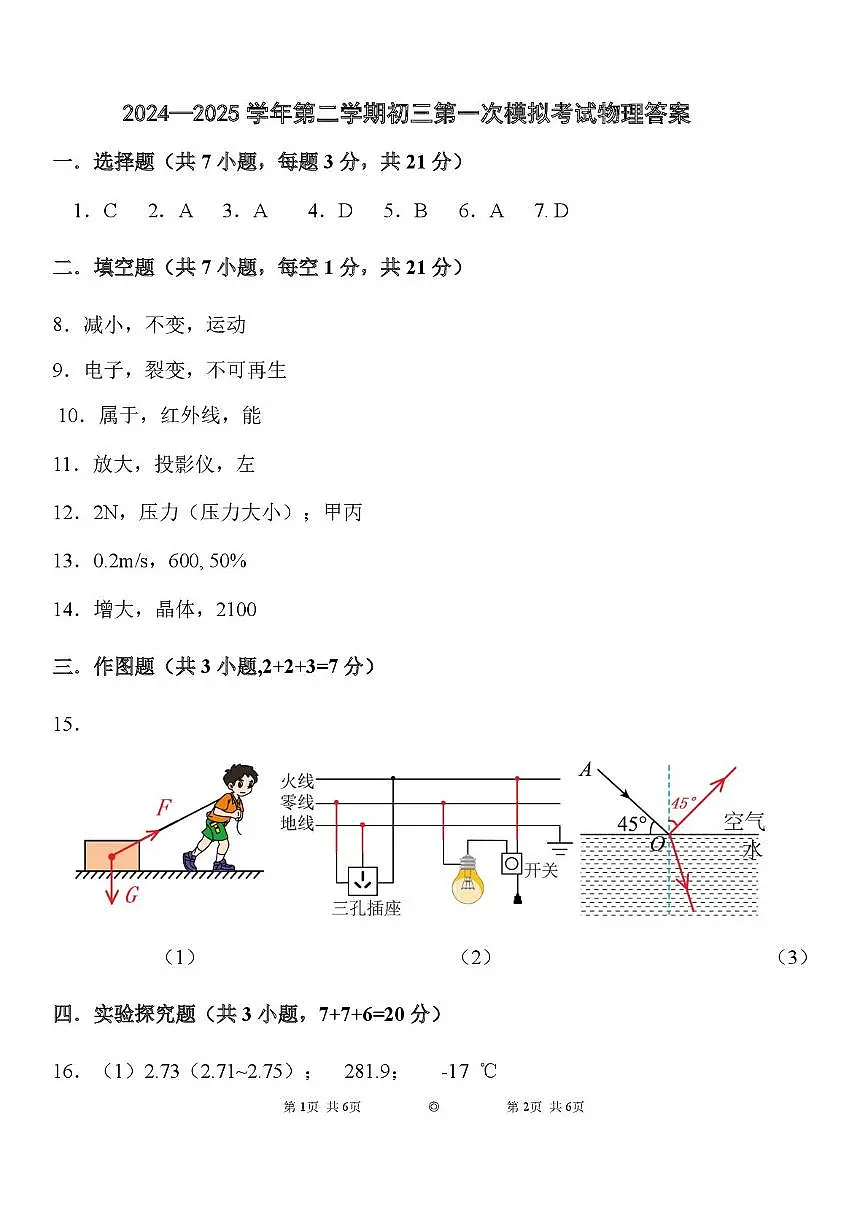 2024—2025学年第二学期初三一模考试物理 2024-2025初三一模物理答案第1页