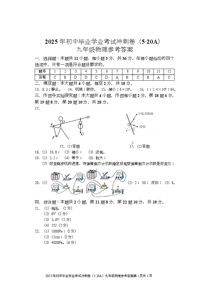 物 冲刺卷(5·20A) 九年级物理 参考答案第1页