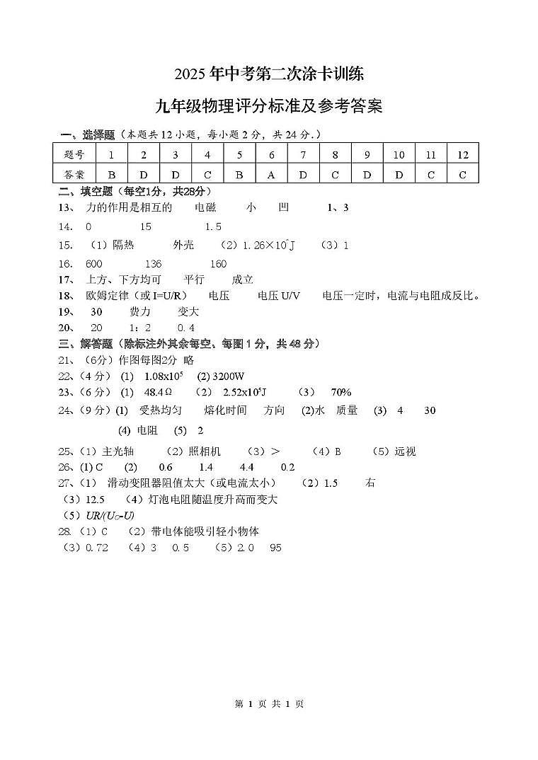 江苏省2024-2025年度扬州市仪征市九年级二模物理试卷及答案 2025.5 二模测试答案(物理)第1页