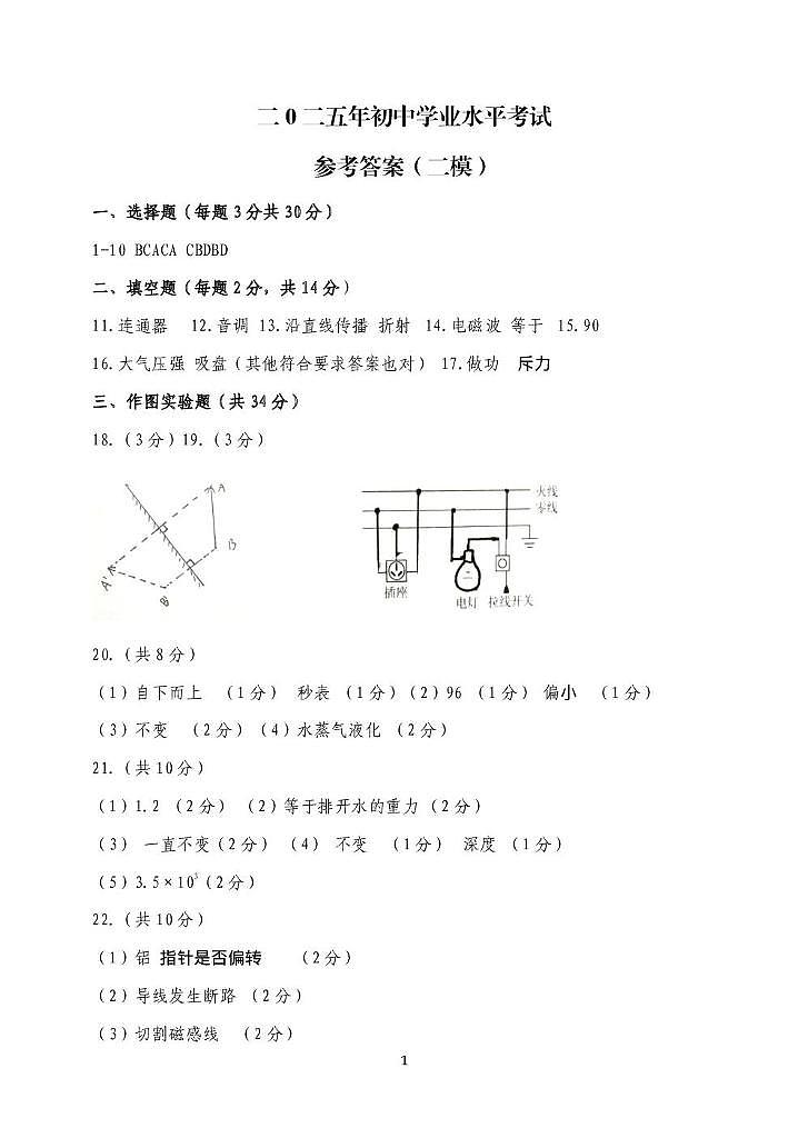 2025年广饶县二模考试-九年级物理 二0二五年初中学业水平考试九年级物理答案第1页