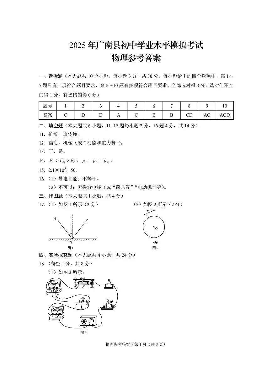 云南省广南县2025年初中学业水平第二次模拟考试物理试卷 2025年广南县初中学业水平模拟考试物理-答案第1页