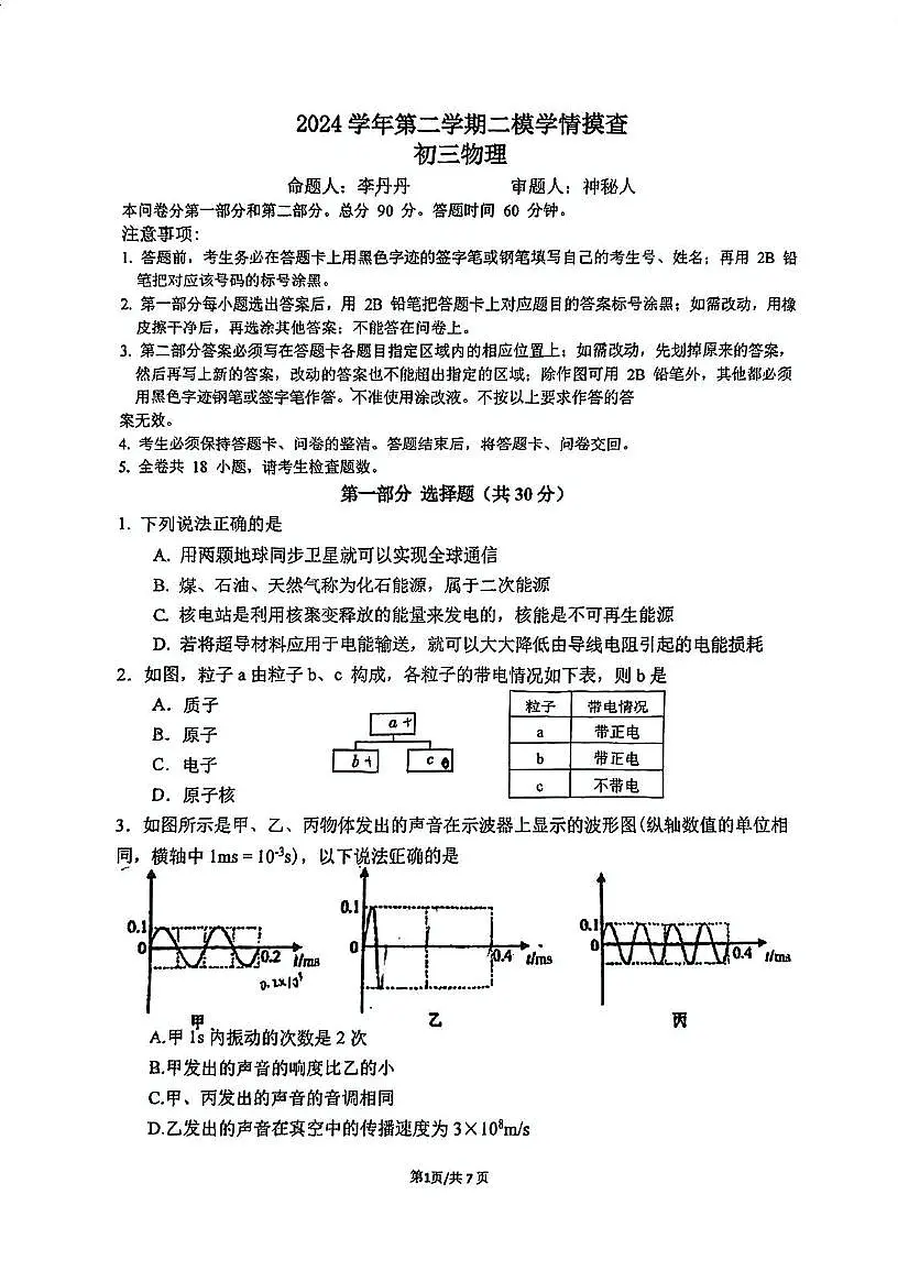 2025年广东广州市铁一中学中考物理二模卷(1)(中考模拟)第1页
