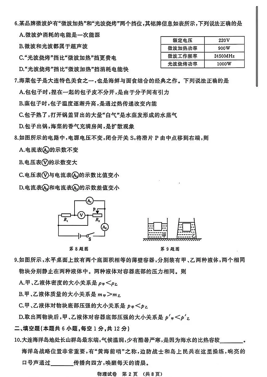 2025年辽宁省大连市中考二模物理试题(中考模拟)第2页