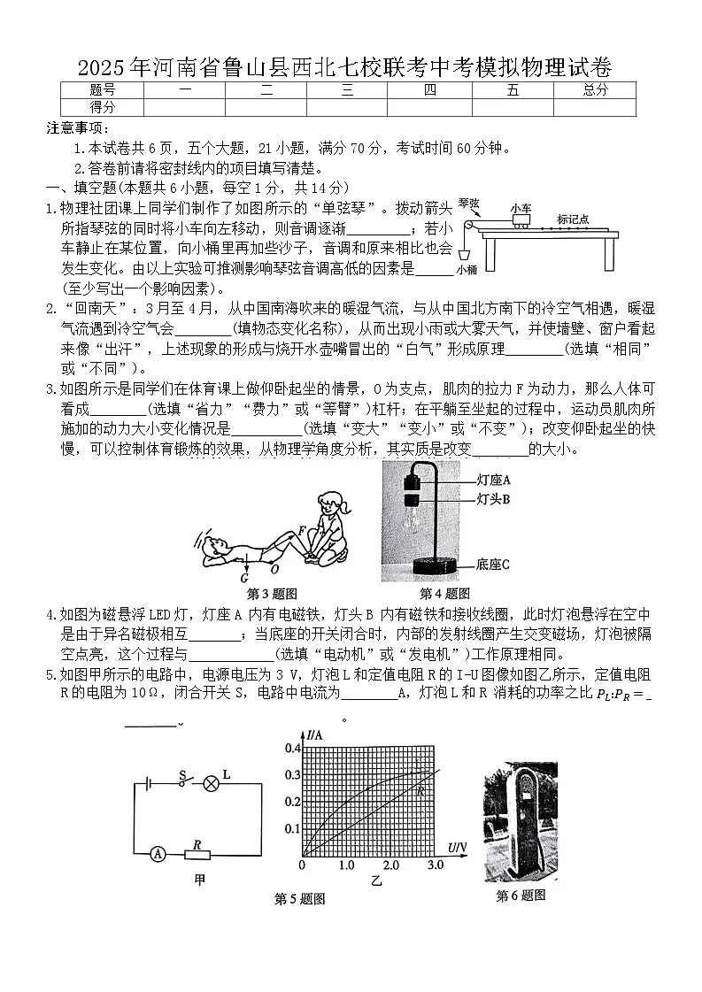 2025年河南省鲁山县西北七校联考中考模拟物理试卷 (中考模拟)第1页