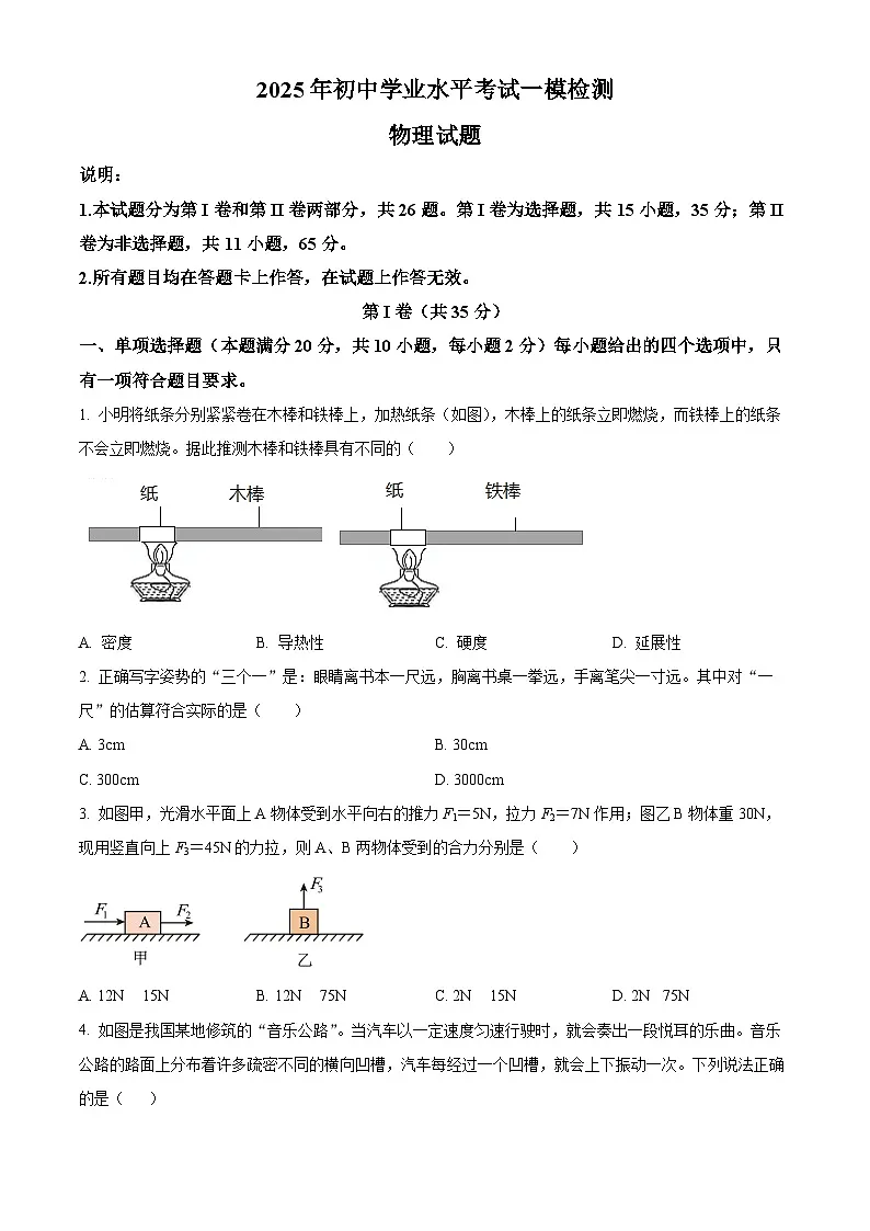 2025年山东省青岛市莱西市中考一模物理试题(中考模拟)第1页