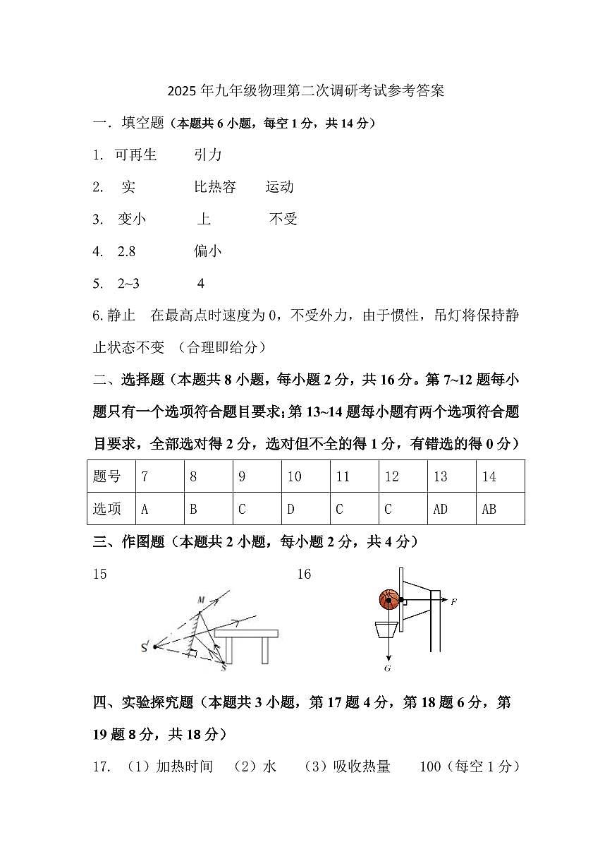 2025年九年级第二次调研考试物理参考答案第1页