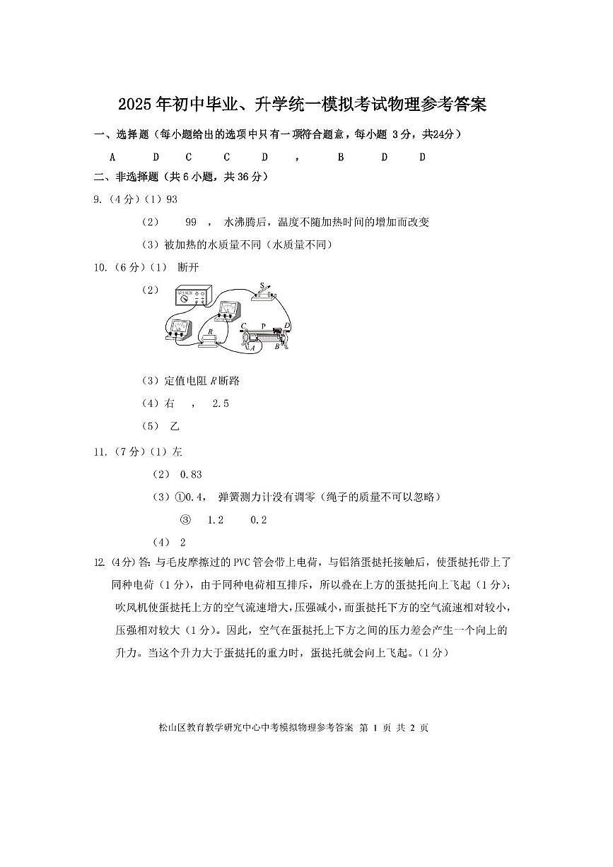2025内蒙古赤峰市松山区中考物理模拟考试 2025年5月模拟物理参考答案第1页