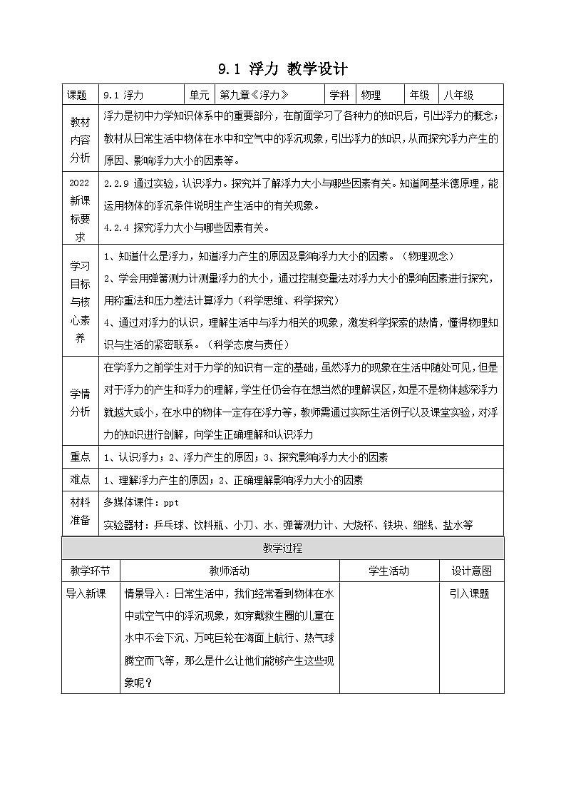 9.1 浮力 教学设计 第1页