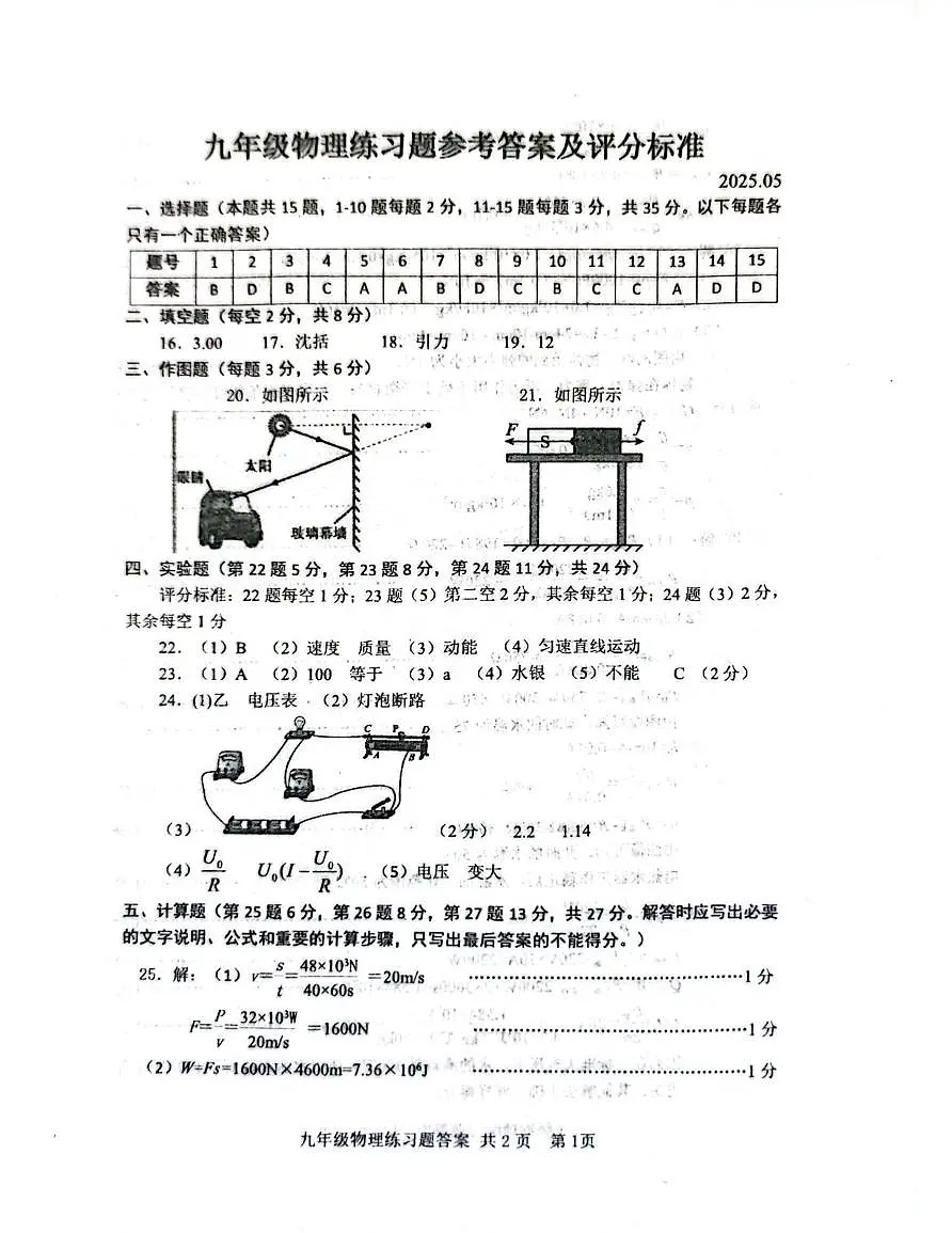 2025泰安市岱岳区中考三模物理试题 物理答案第1页