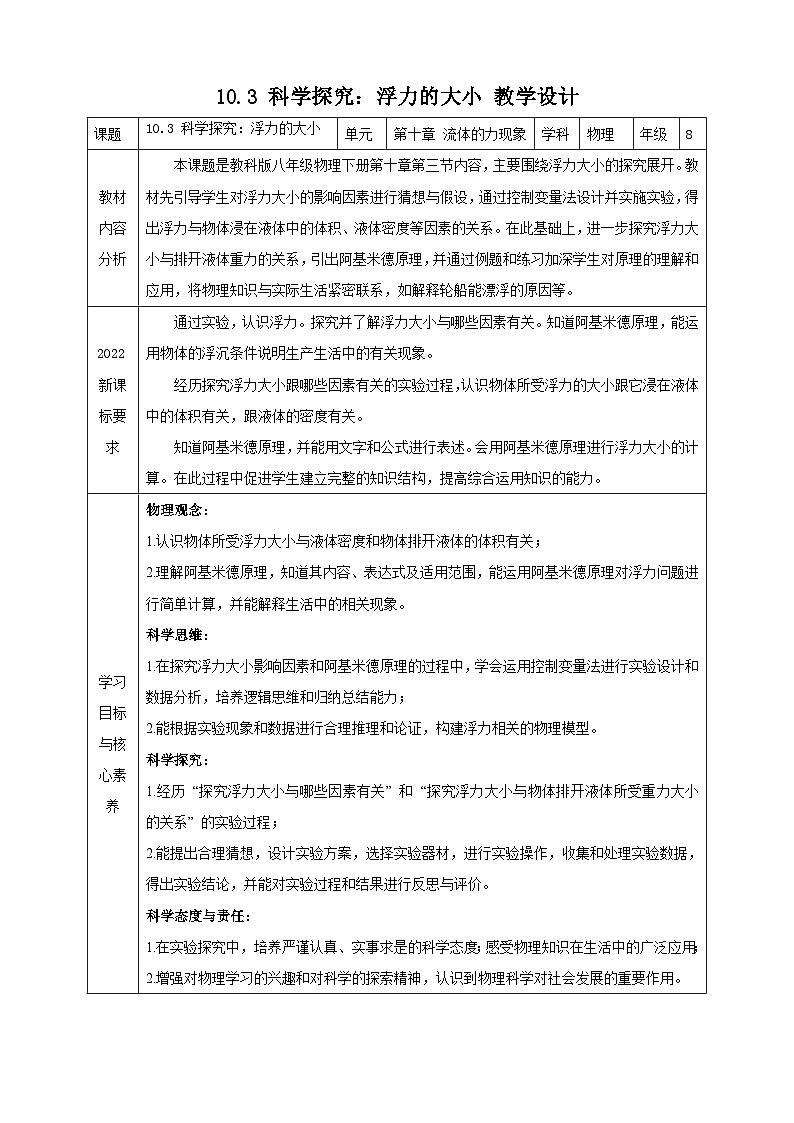 【新教材】教科版10.3 科学探究:浮力的大小 教学设计(表格式)第1页