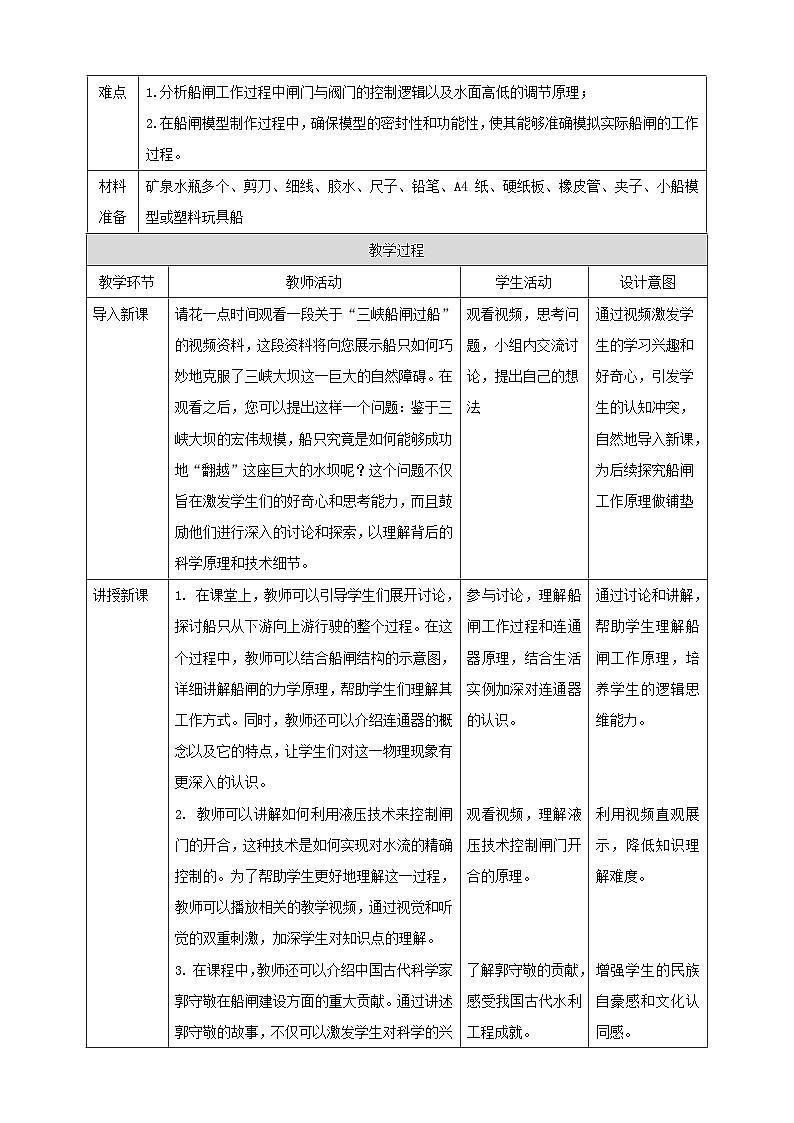 【新教材】教科版9.3 跨学科实践 船闸 教学设计(表格式)第2页