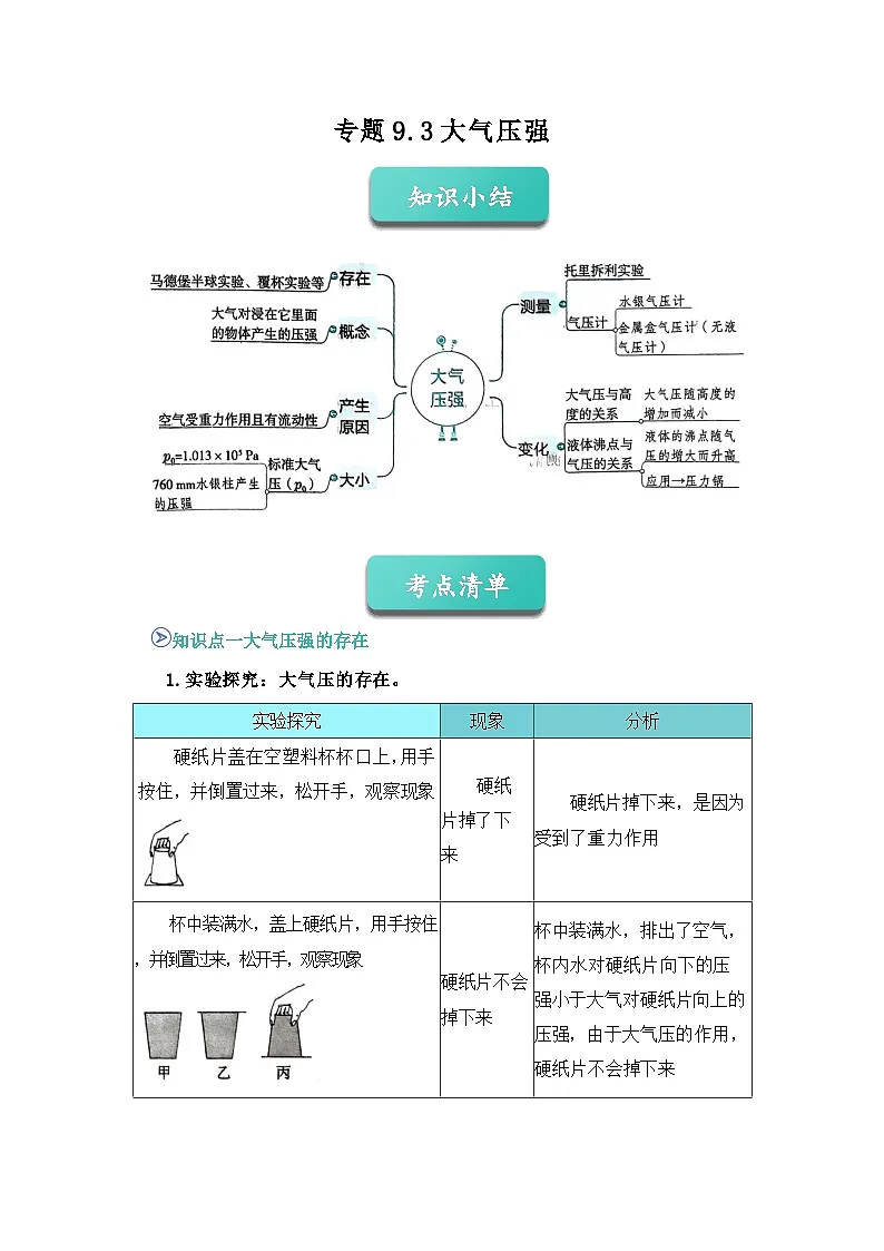 专题10 大气压强(知识点+例题+习题)-2024-2025学年八下物理期末考点专题(人教版2024)(解析版)第1页