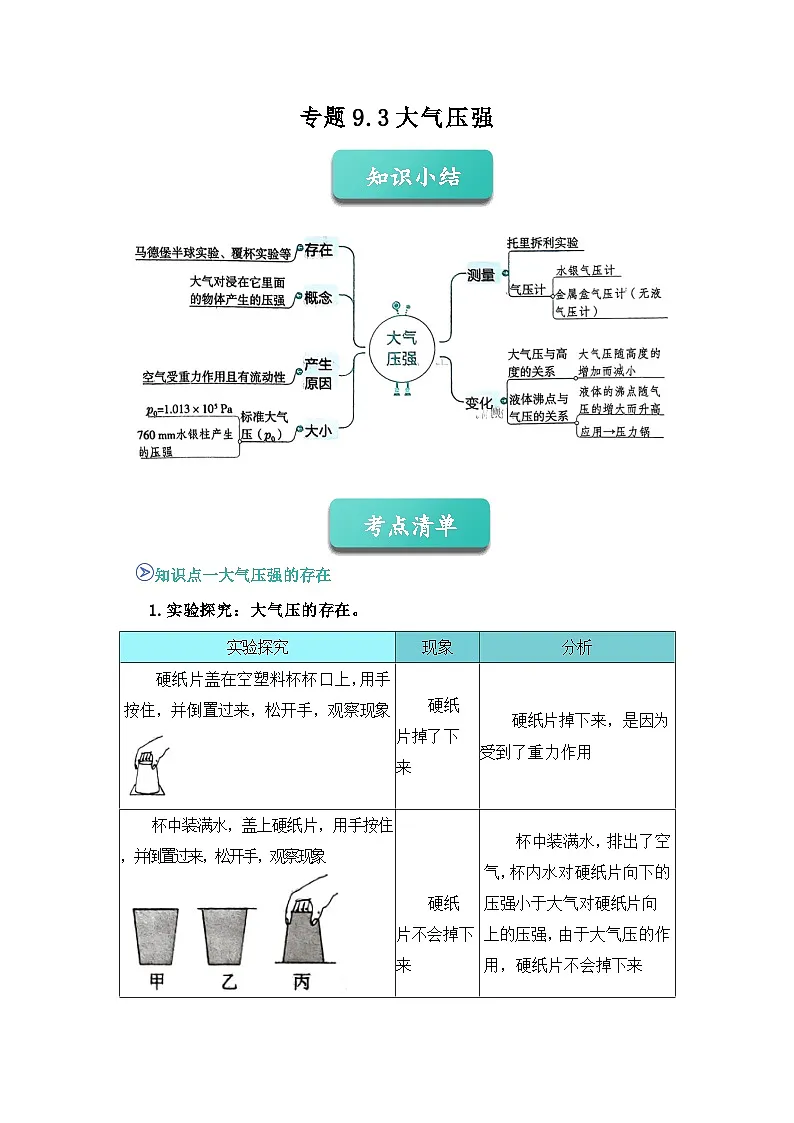 专题10 大气压强(知识点+例题+习题)-2024-2025学年八下物理期末考点专题(人教版2024)(原卷版)第1页