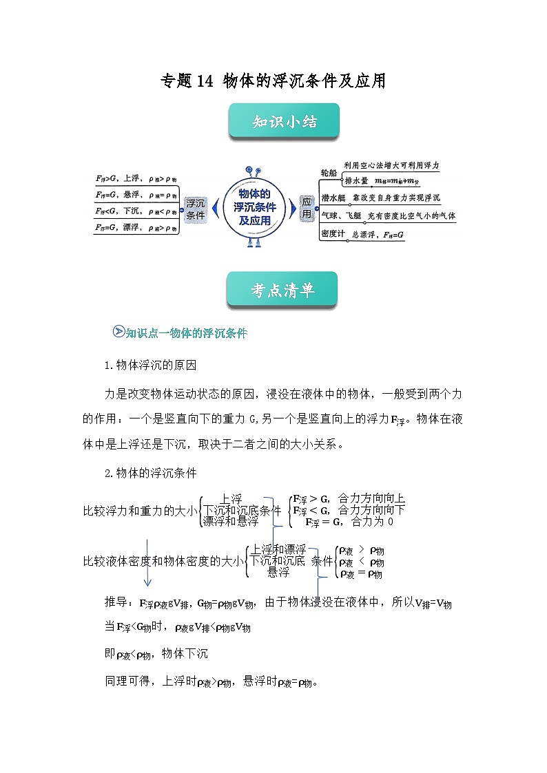 专题14 物体的浮沉条件及应用(知识点+例题+习题)-2024-2025学年八下物理期末考点专题大串讲(人教版2024)(原卷版)第1页