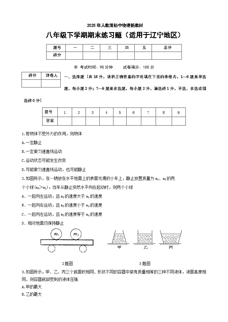 2024-2025学年人教版物理八年级下学期期末练习题(适用于辽宁地区)第1页