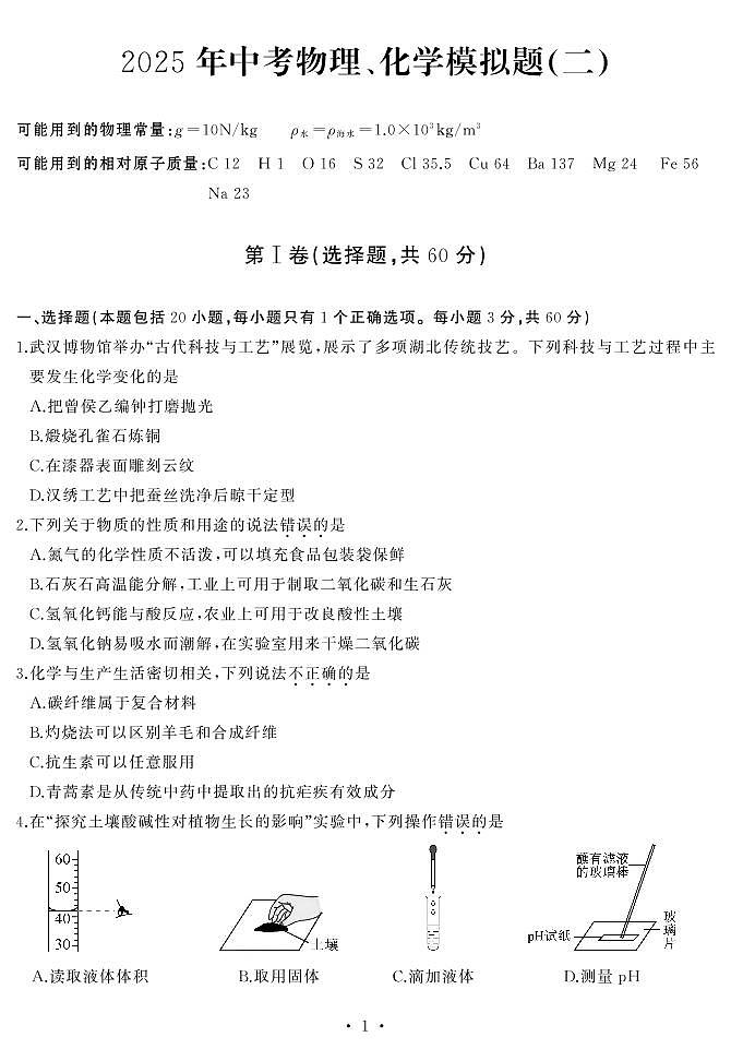 2025湖北省武汉市江汉区中考物理模拟卷(二)第1页