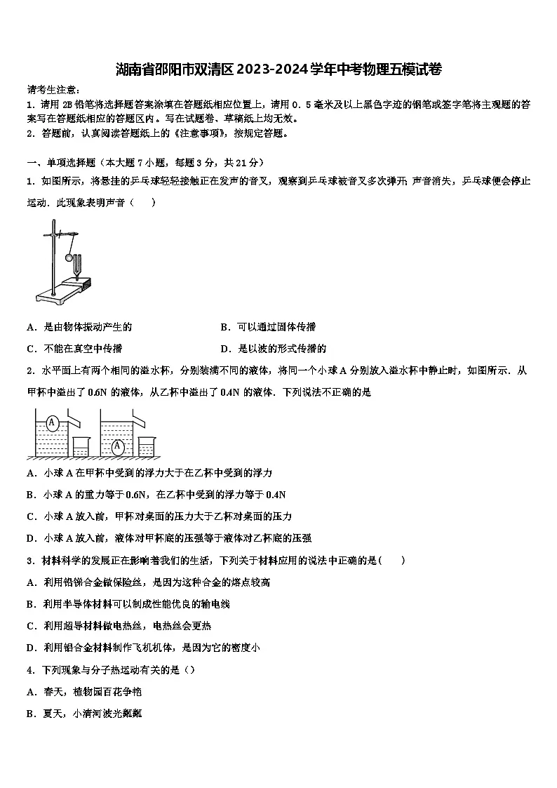 2024年湖南省邵阳市双清区中考物理五模试卷(中考模拟)第1页