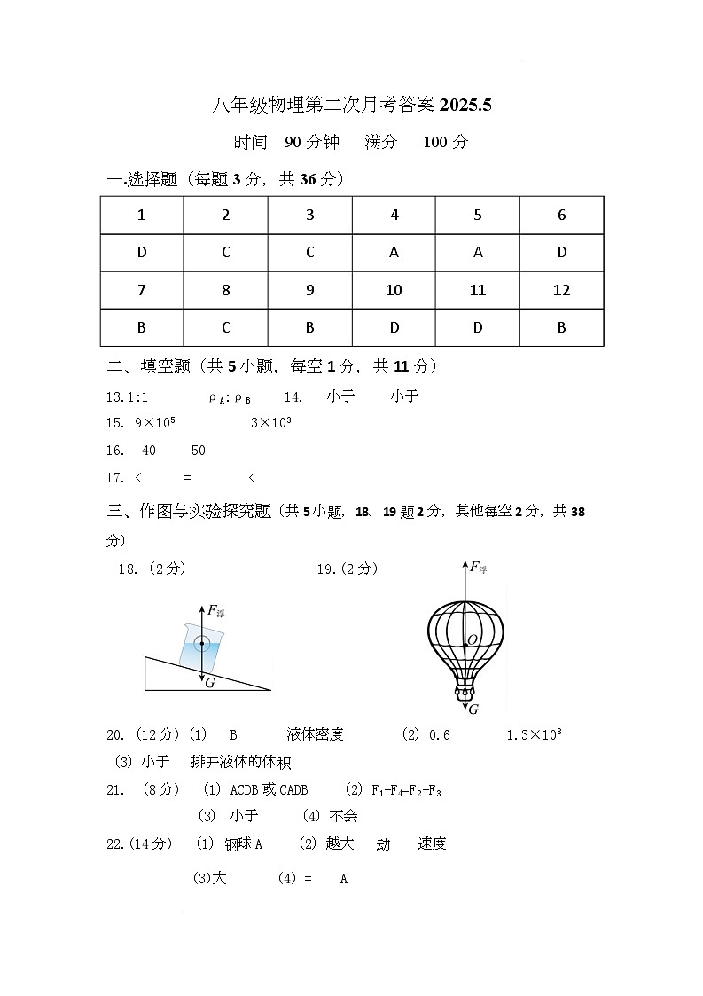 八年级物理第二次月考答案第1页