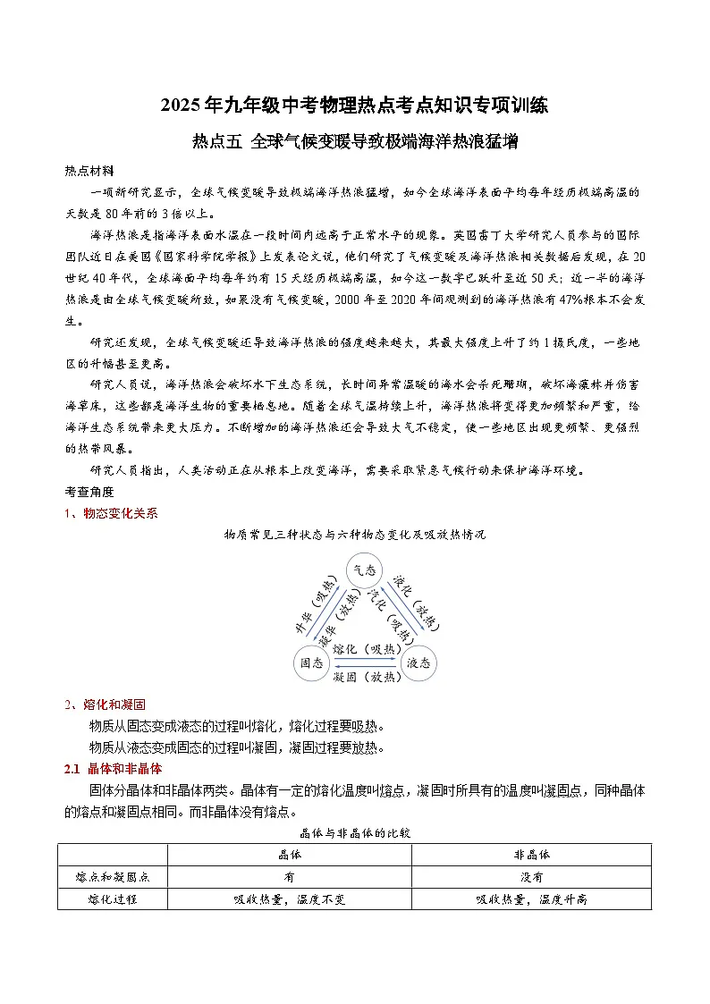 2025年九年级中考物理热点考点知识专项训练:热点五 全球气候变暖导致极端海洋热浪猛增第1页