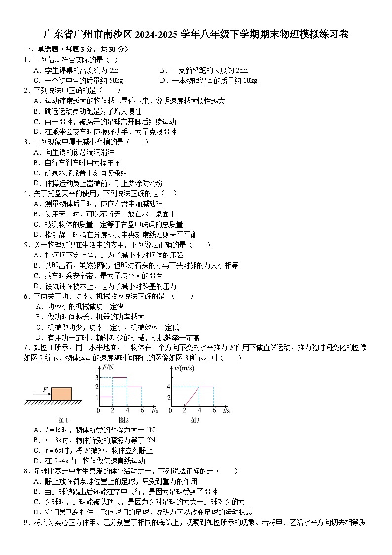 广东省广州市南沙区2024-2025学年八年级下学期期末 物理模拟练习卷第1页