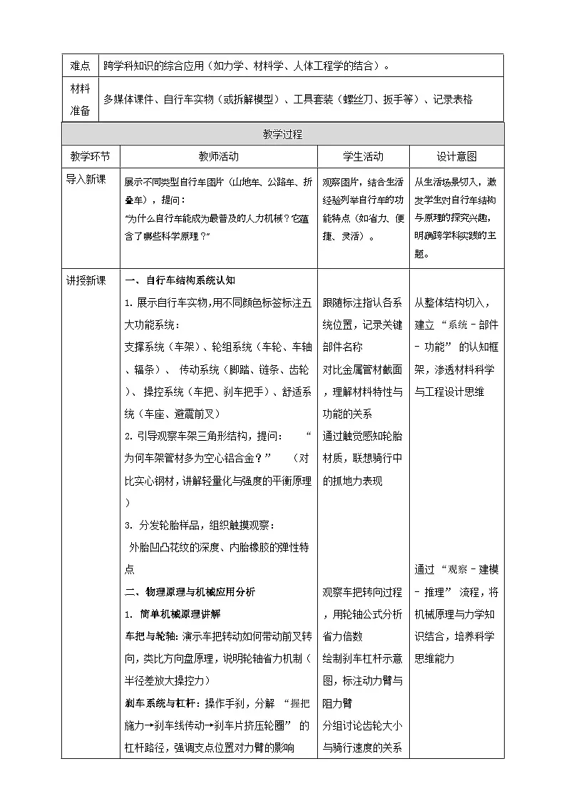 【新教材】教科版12.4《跨学科实践:自行车》教学设计(表格式)第2页