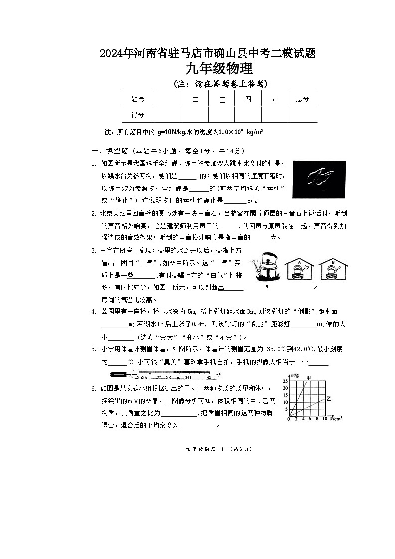 2024年河南省驻马店市确山县中考二模物理试题第1页